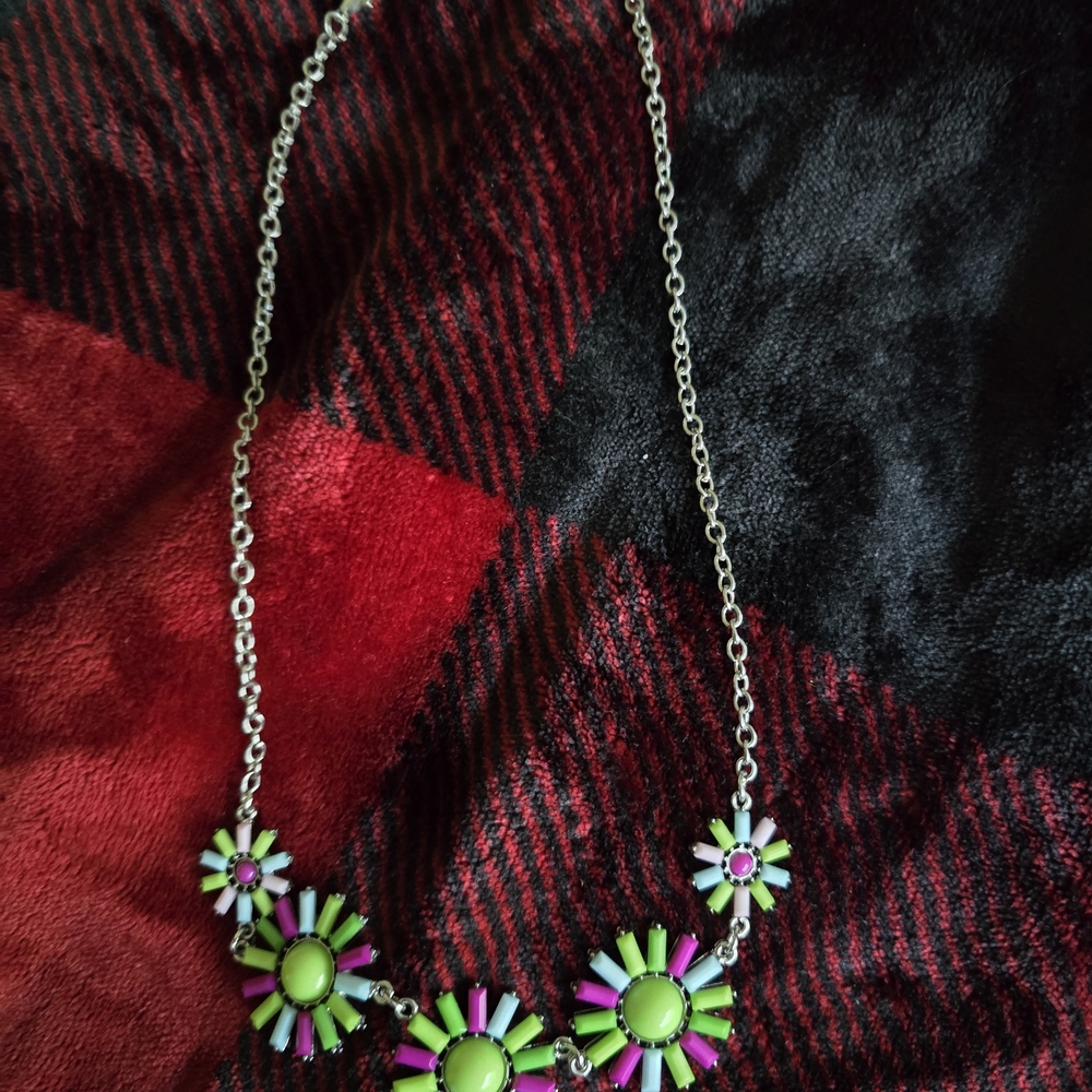 Paparazzi Green and Purple Floral Necklace with Silver Chains